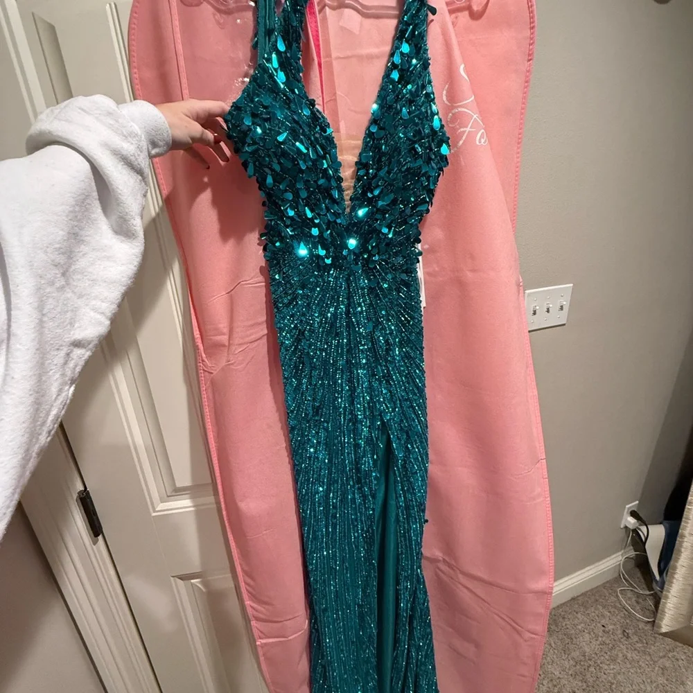 Green Sequin Halter Prom Gown - Picture 3 of 8